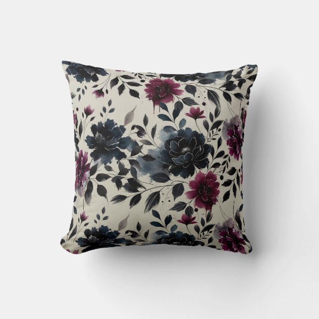 Midnight Blue Burgundy Inky Floral Almond Beige Throw Pillow (Front)