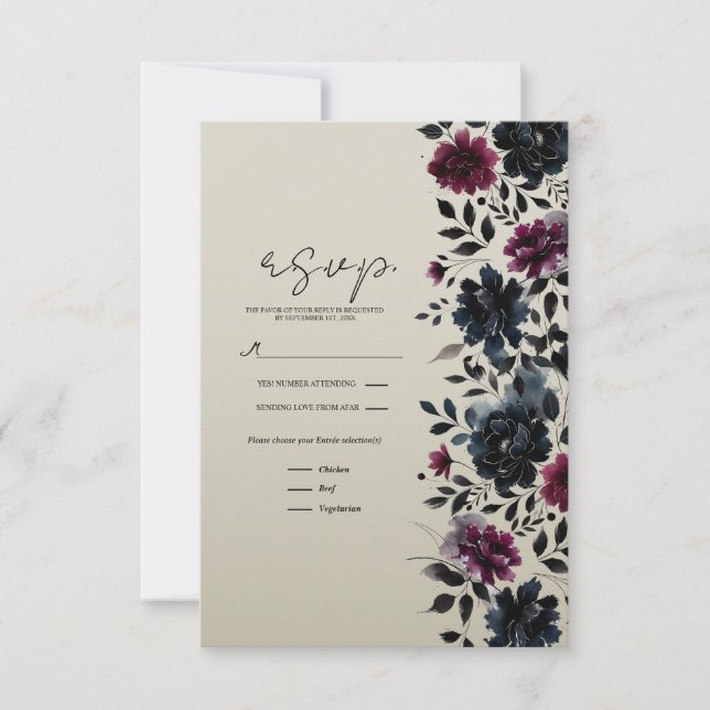 Midnight Blue Burgundy Inky Floral Almond RSVP (Front)