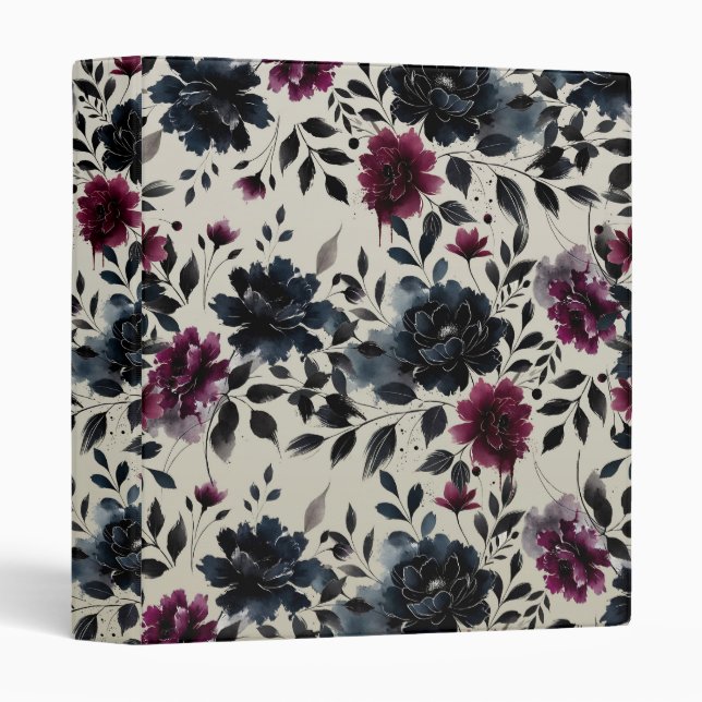 Midnight Blue Burgundy Inky Floral Almond Wedding 3 Ring Binder (Front/Spine)