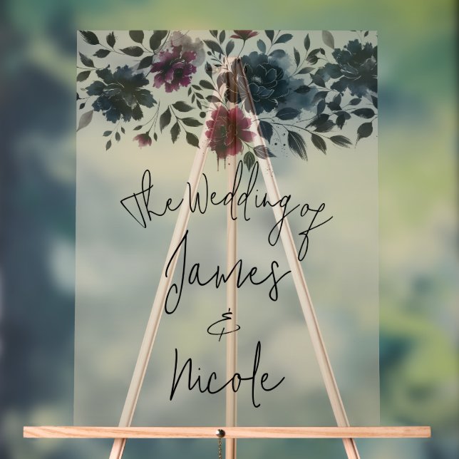 Midnight Blue Burgundy Inky Floral Almond Wedding Acrylic Sign (Neutral)