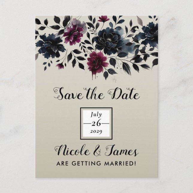 Midnight Blue Burgundy Inky Floral Almond Wedding Announcement Postcard (Front)