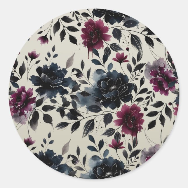 Midnight Blue Burgundy Inky Floral Almond Wedding Classic Round Sticker (Front)