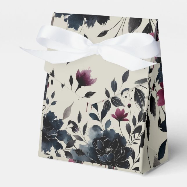 Midnight Blue Burgundy Inky Floral Almond Wedding Favor Boxes (Front Side)