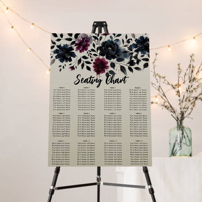 Midnight Blue Burgundy Inky Floral Almond Wedding Foam Board (In Situ (Stand))