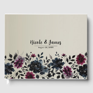 Midnight Blue Burgundy Inky Floral Almond Wedding Guest Book