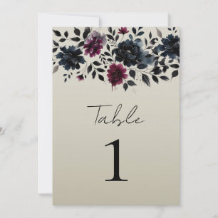 Midnight Blue Burgundy Inky Floral Almond Wedding Invitation