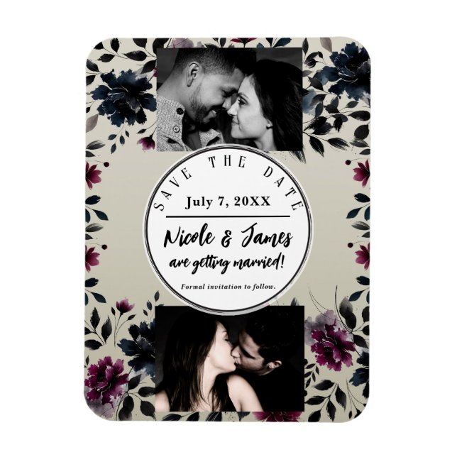 Midnight Blue Burgundy Inky Floral Almond Wedding Magnet (Vertical)