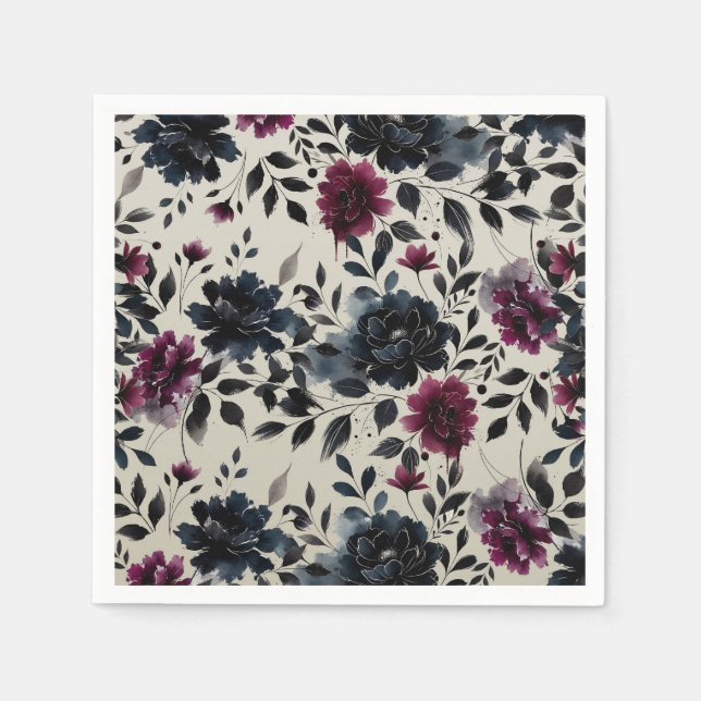 Midnight Blue Burgundy Inky Floral Almond Wedding Napkins (Front)