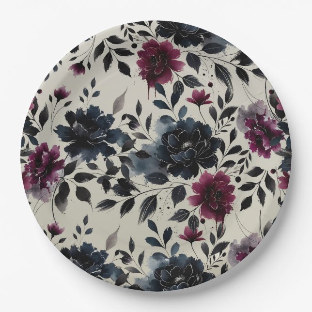 Midnight Blue Burgundy Inky Floral Almond Wedding Paper Plates (Front)