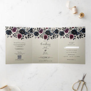 Midnight Blue Burgundy Inky Floral Almond Wedding Tri-Fold Invitation