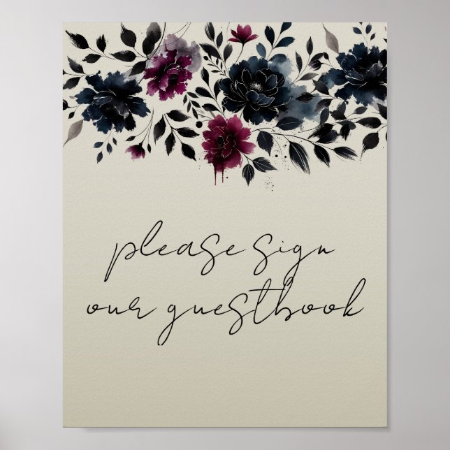 Midnight Blue Burgundy Inky Floral Guestbook Sign (Front)