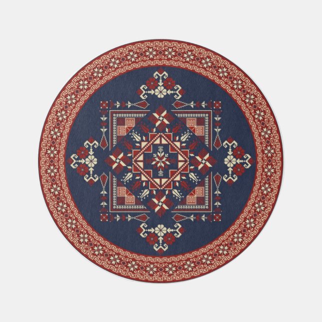 Midnight Blue Burgundy Palestinian Tatreez Pattern Rug (Front)