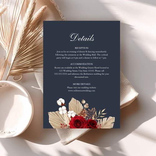 Midnight Blue Burgundy Roses Wedding Details Card