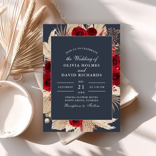 Midnight Blue Burgundy Roses Wedding Invitation