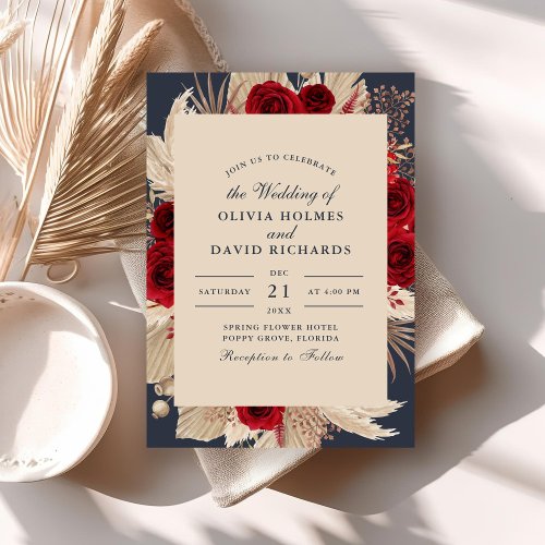 Midnight Blue Burgundy Roses Wedding Invitation