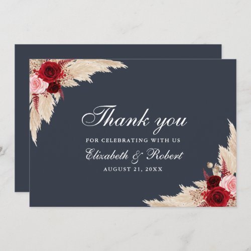Midnight Blue Burgundy Roses Wedding Thank You Card