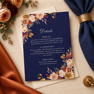 Midnight Blue Burnt Orange Floral Wedding Details Invitation
