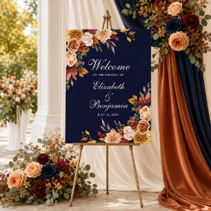 Midnight Blue Burnt Orange Floral Wedding Welcome Foam Board
