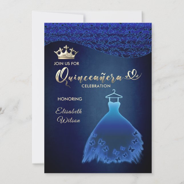Midnight blue butterfly dress damask tiara Quince Invitation (Front)