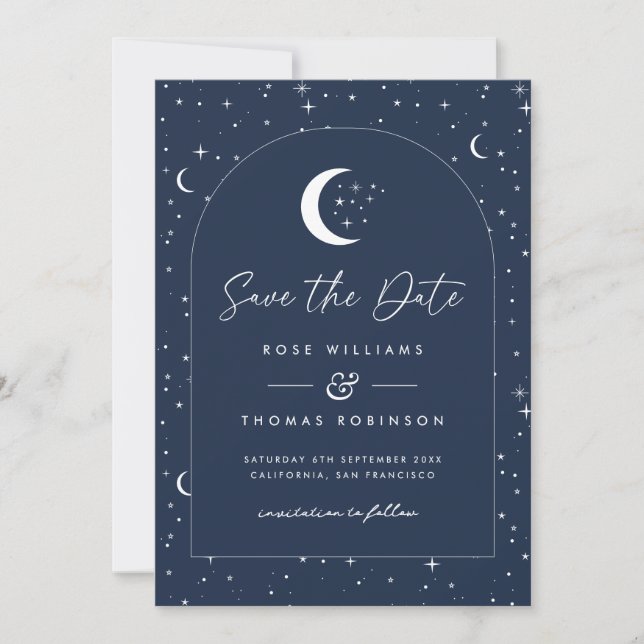 Midnight Blue Celestial Arched Save The Date (Front)