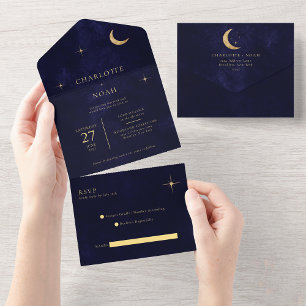 Midnight Blue Celestial Gold Moon Stars Wedding All In One Invitation