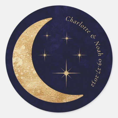 Midnight Blue Celestial Gold Moon Stars Wedding Classic Round Sticker