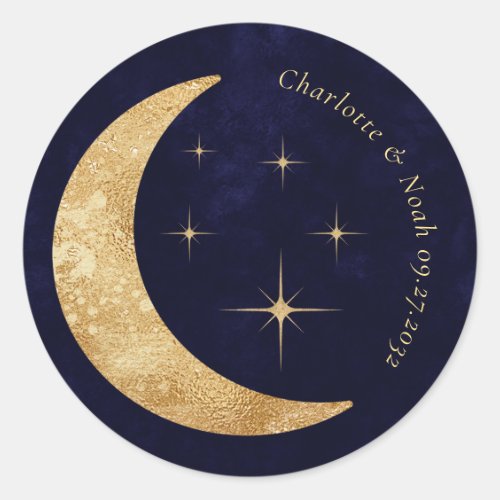Midnight Blue Celestial Gold Moon Stars Wedding Classic Round Sticker