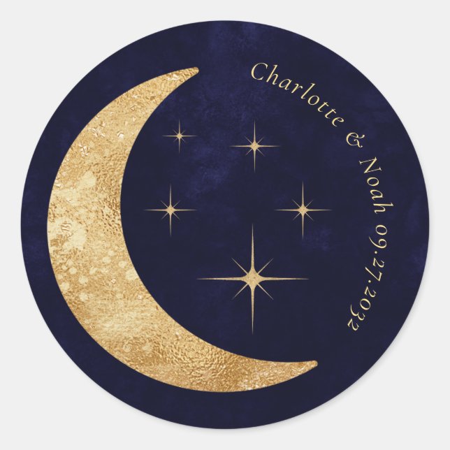 Midnight Blue Celestial Gold Moon Stars Wedding Classic Round Sticker (Front)