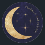 Midnight Blue Celestial Gold Moon Stars Wedding Classic Round Sticker<br><div class="desc">Design features gold foil moon and stars with a classic elegant typography that is written around the sticker.</div>