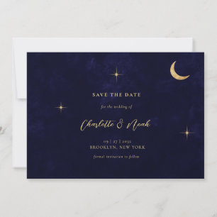 Midnight Blue Celestial Gold Moon Stars Wedding Save The Date