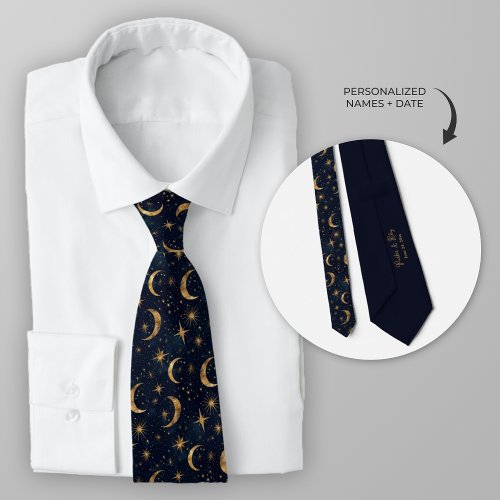 Midnight Blue Celestial Moon and Stars Neck Tie