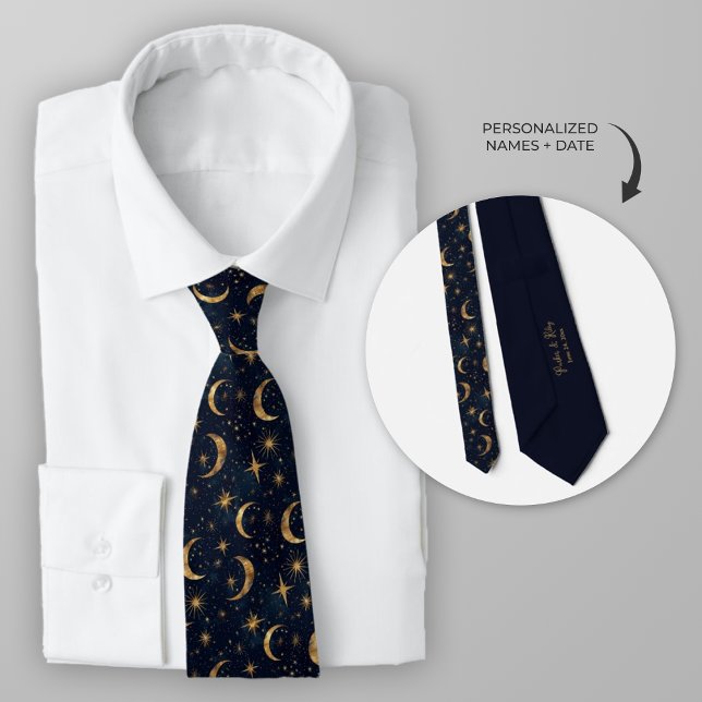 Midnight Blue Celestial Moon and Stars Neck Tie (Celestial Moon and Stars Wedding Necktie)