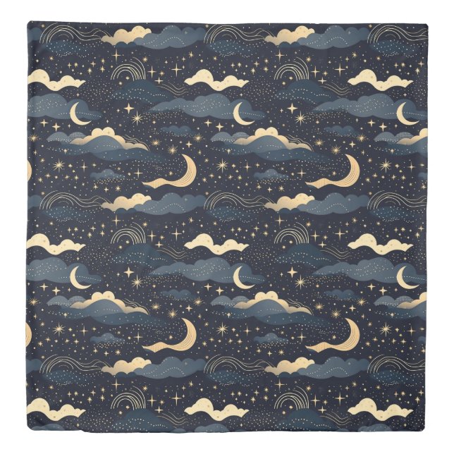 Midnight Blue Celestial Moon Stars Duvet Cover (Front)