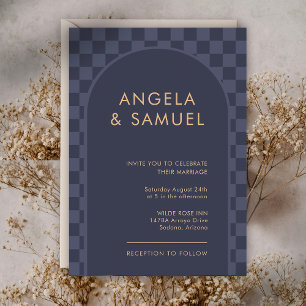 Midnight Blue Checkered Modern Wedding Invitation