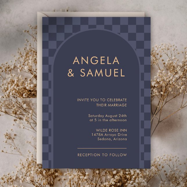 Midnight Blue Checkered Modern Wedding Invitation (Creator Uploaded)