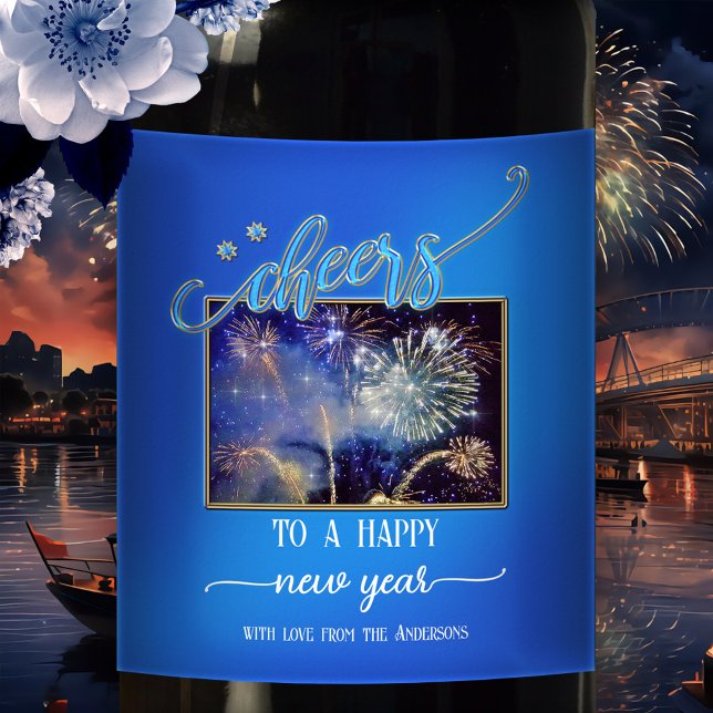 Midnight Blue Cheers New Year Photo Wine Label (A festive Cheers to the New Year wine label in midnight blue, with the option to add your own photo)