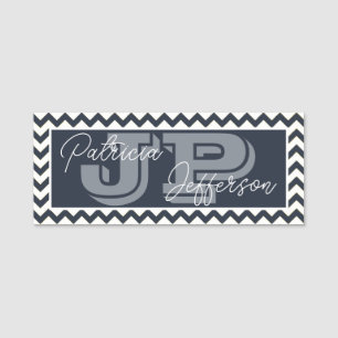 Midnight Blue Chevron Elegant Monogram Name Tag