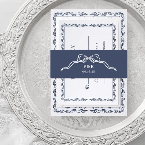 Midnight Blue | Chic Coquette Bow with Monogram Invitation Belly Band