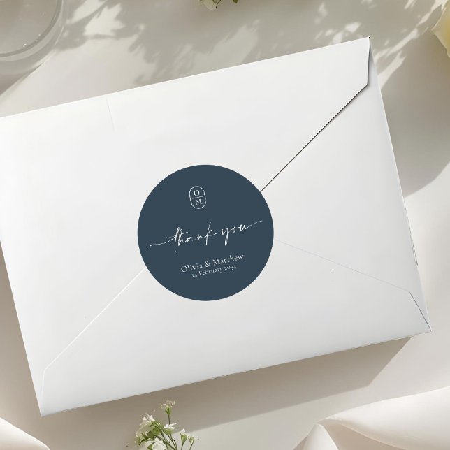 Midnight Blue | Chic & Modern Wedding Monogram  Classic Round Sticker (Creator Uploaded)