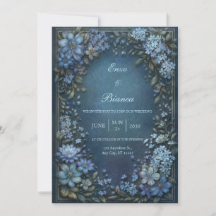 Midnight Blue Clematis Gold Border Wedding Invitation