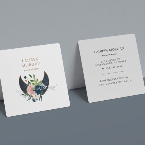 Midnight Blue Crescent Moon Floral Square Business Card