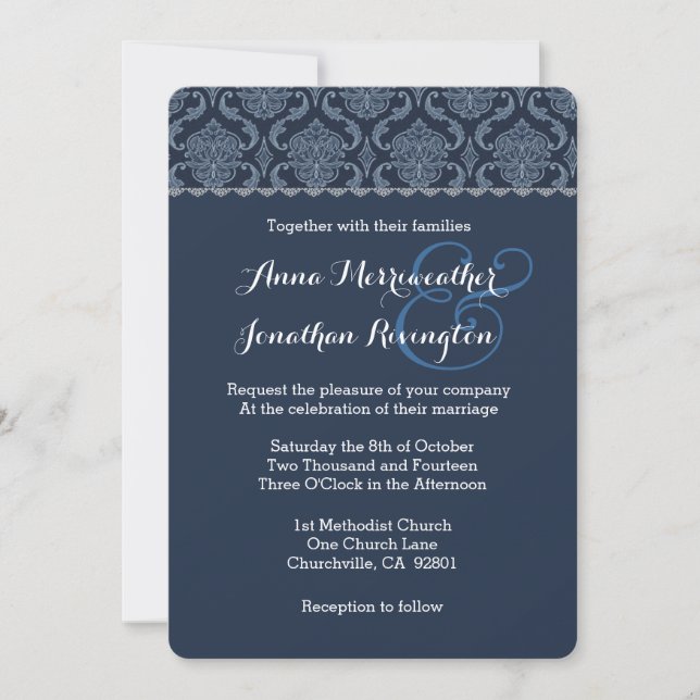 Midnight Blue Damask Wedding V02 Invitation (Front)