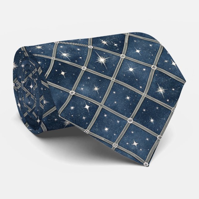 Midnight Blue Diamond Lattice - Starry Night Neck Tie (Rolled)