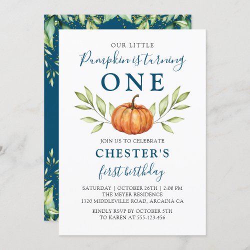 Midnight Blue Fall Little Pumpkin First Birthday Invitation