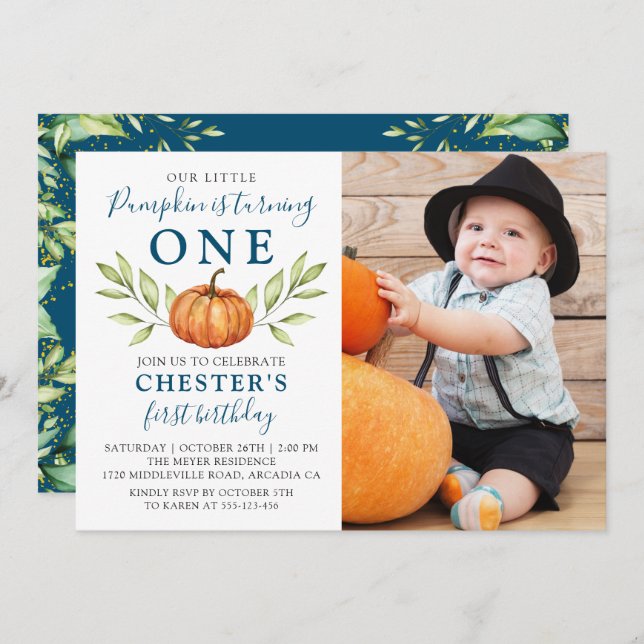 Midnight Blue Fall Pumpkin First Birthday Photo Invitation (Front/Back)