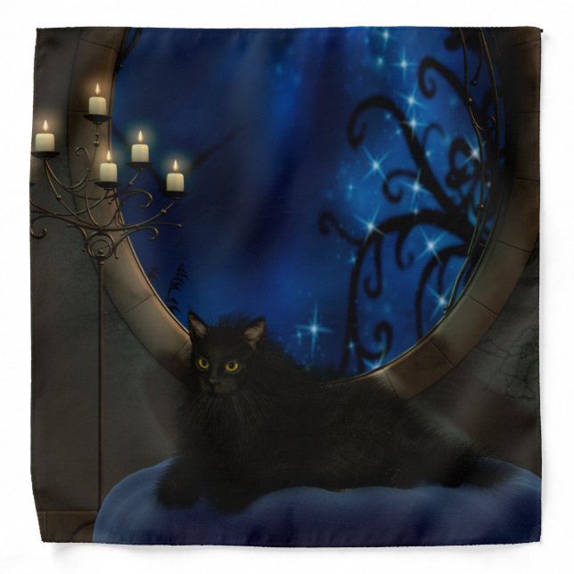 Midnight Blue Fantasy Cat Art Bandana (Front)