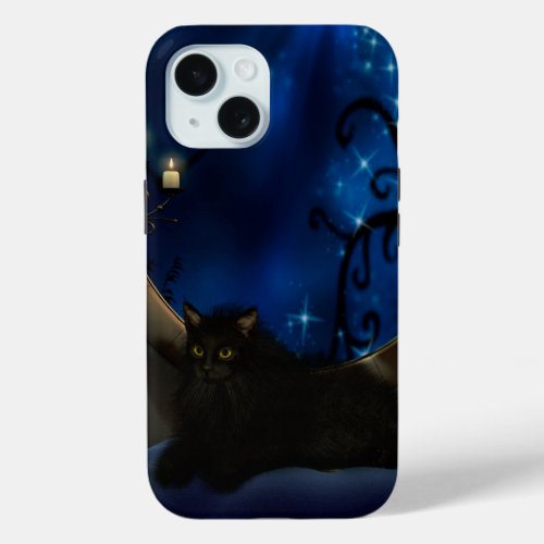 Midnight Blue Fantasy Cat iPhone 15 Case