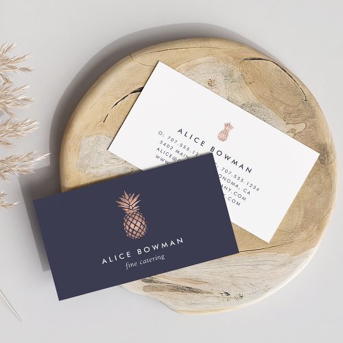 Midnight Blue  Faux Rose Gold Pineapple Business Card