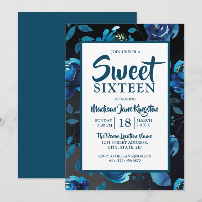 Midnight Blue Floral Black Elegant Sweet 16 Invite (Front/Back)