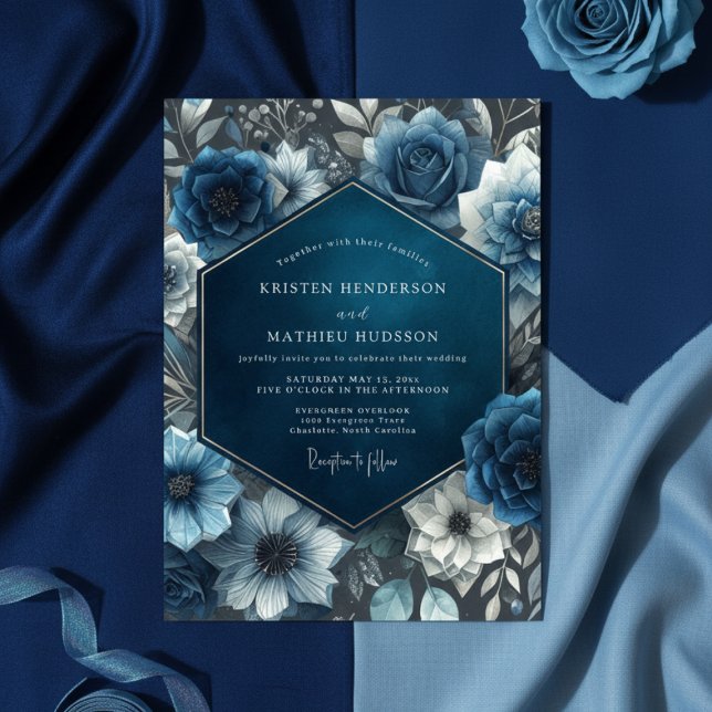 Midnight Blue Floral Bloom Wedding Invitation (Creator Uploaded)
